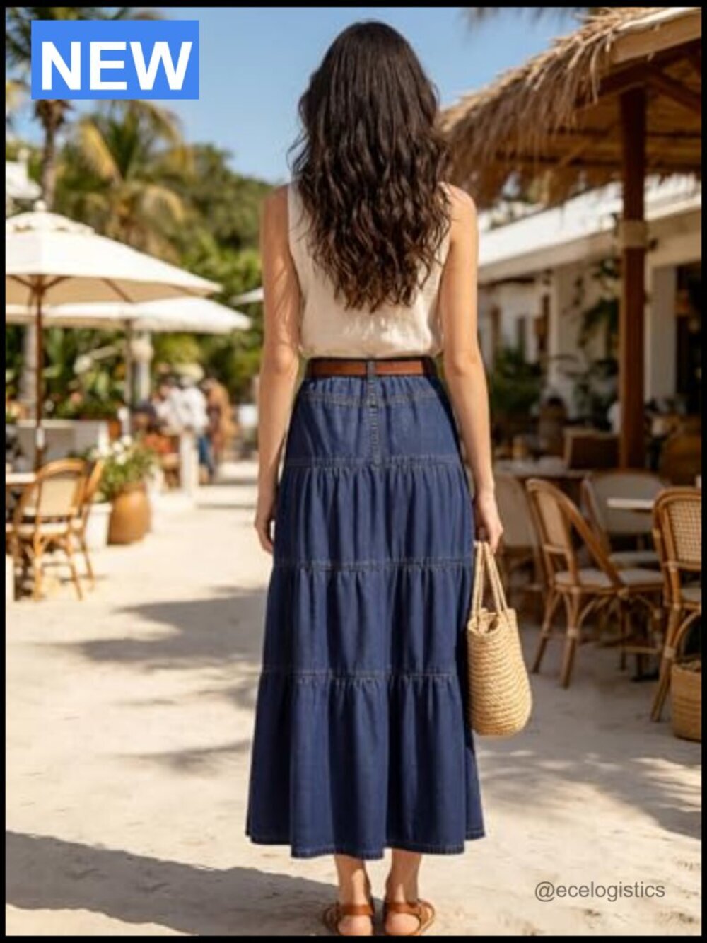 High Waisted Tiered Ruffle Denim Maxi Skirt with Pockets A-Line Boho - Picture 6 of 7